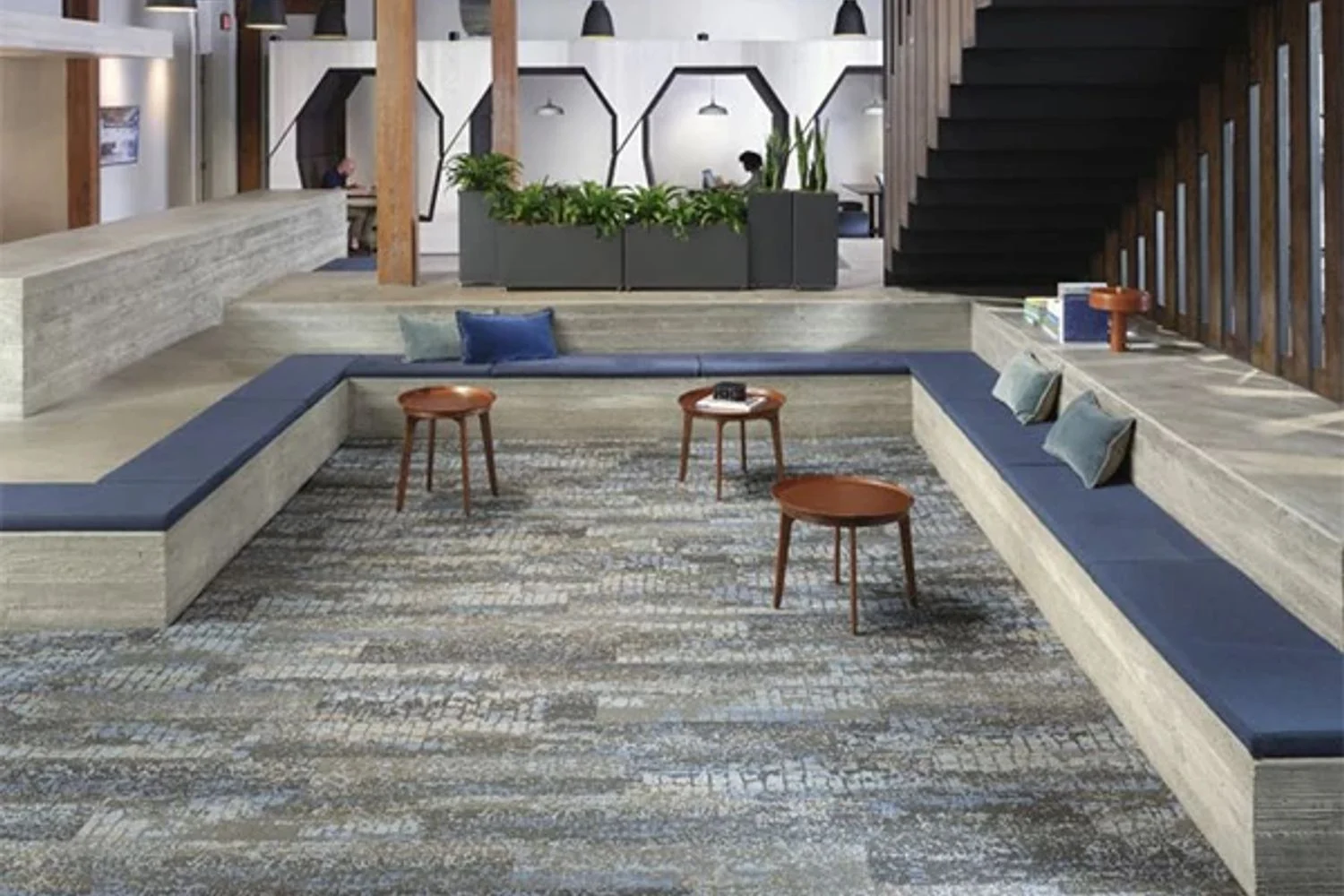 Textured carpet flooring in a communal seating area