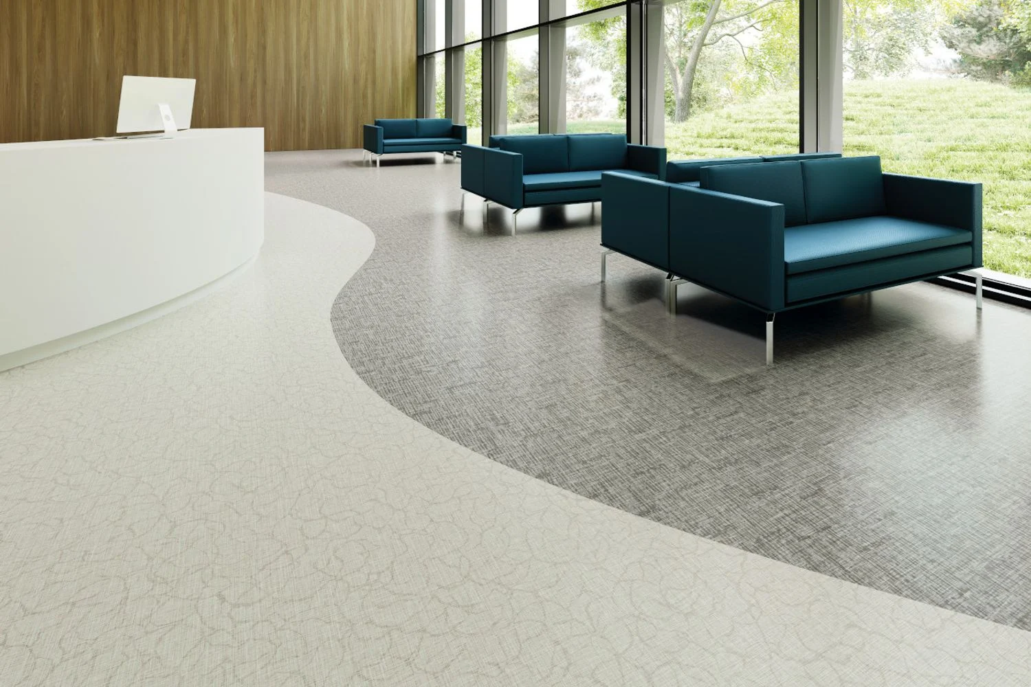 Light-filled reception and seating area with resilient flooring